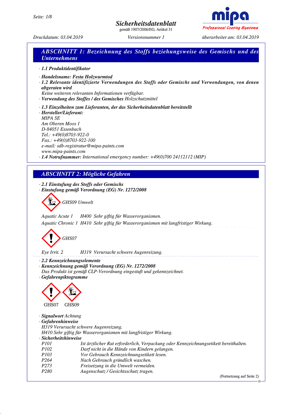 Sicherheitsdatenblatt Seite 1