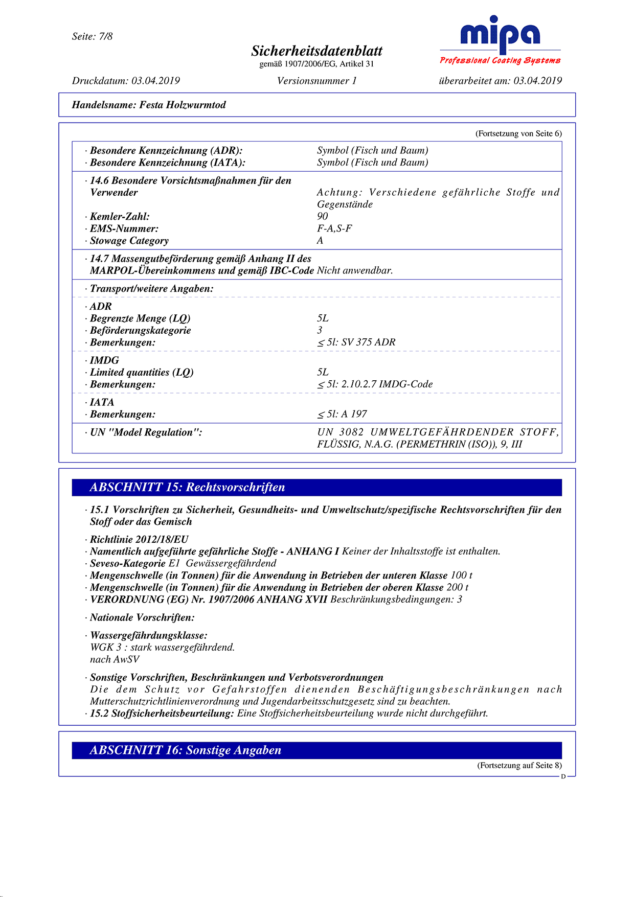 Sicherheitsdatenblatt Seite 7