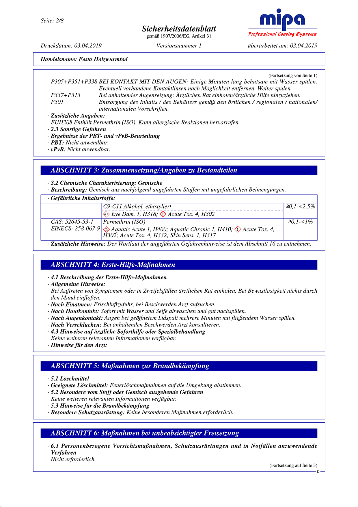 Sicherheitsdatenblatt Seite 2